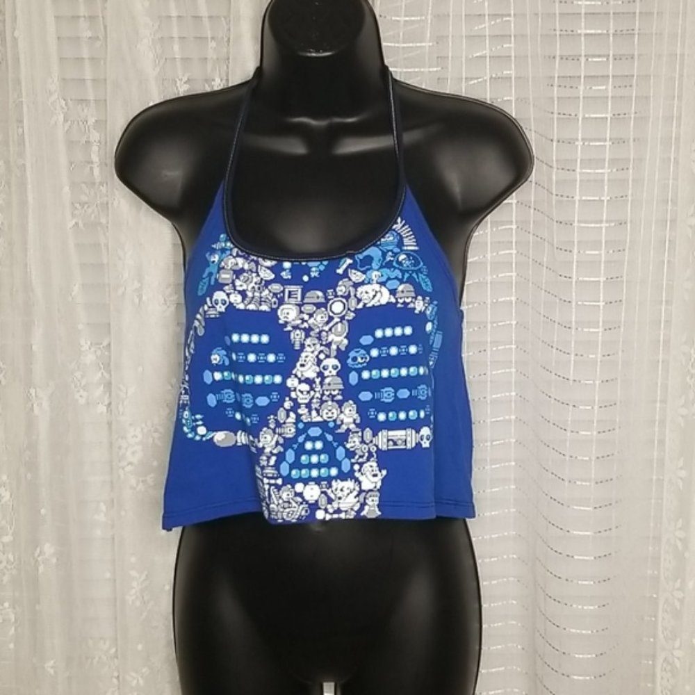 Blue Skull Graphic Halter Crop Top SzL